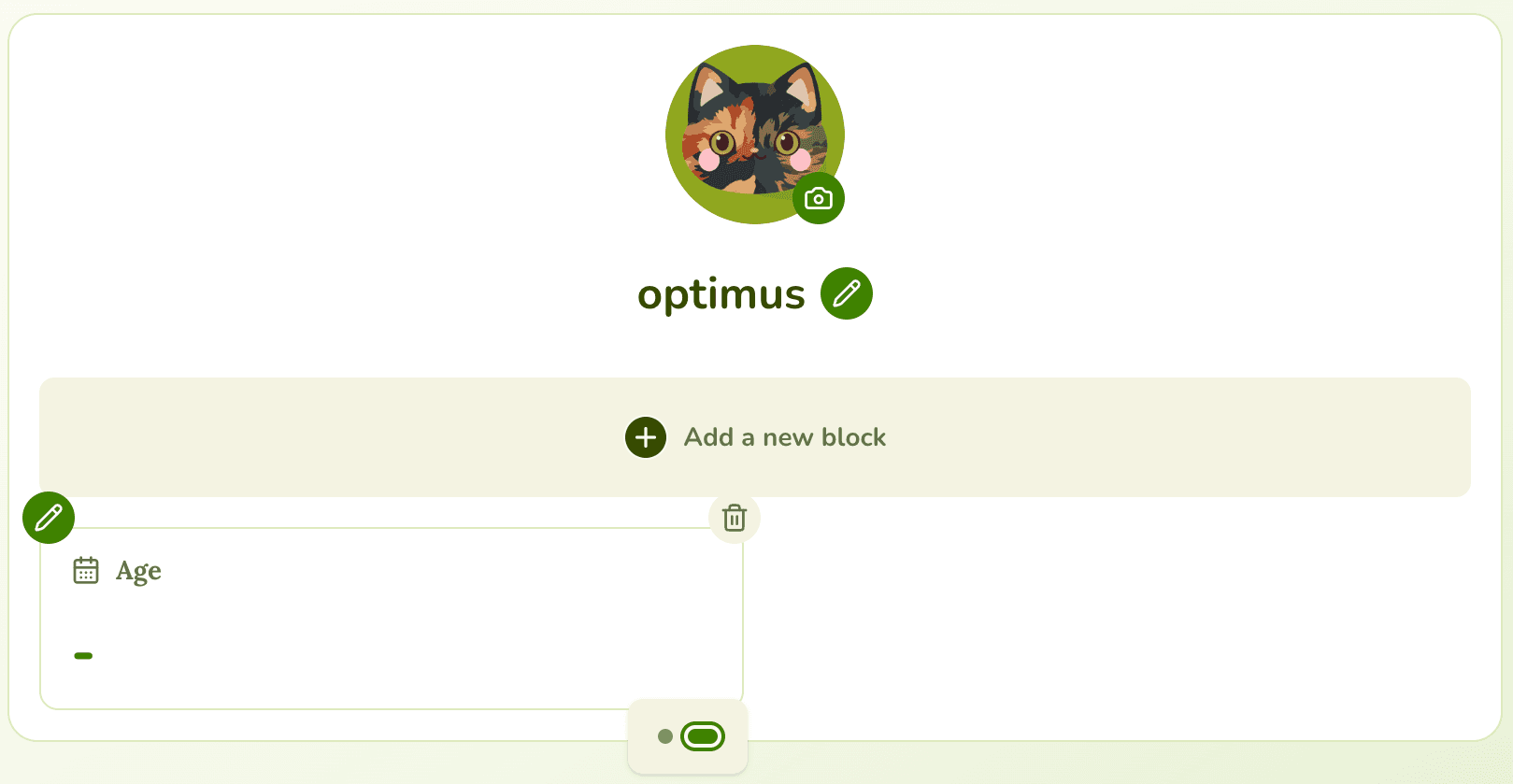 Editor interface for adding and arranging pet profile blocks.